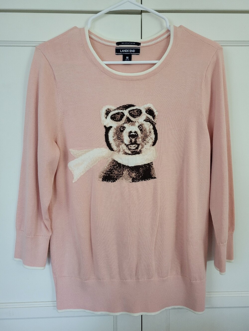 New Lands' End Light Pink Bear Pilot Crewneck Sweater, Supima Cotton, Medium